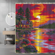 Sunset Cabin Lake Shower Curtain Scenic Forest Artwork