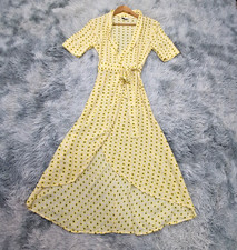 GANNI Floral Daisy Sunflower Crepe Wrap Midi Dress Womens 36 Yellow Scandi 2.0