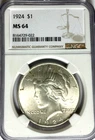 1924 $1 Peace Silver One Dollar US NGC MS64 Uncirculated Philadelphia