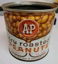 VINTAGE A&P DRY ROASTED PEANUTS TIN METAL CAN 13ozs.