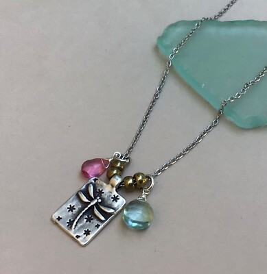 HANDMADE DRAGONFLY SUNDANCE CHARM ANTIQUED SILVER NECKLACE GEMSTONE JEWELRY