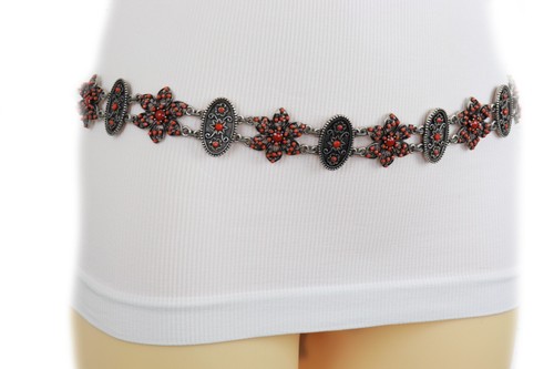 Women Rustic Silver Metal Beige Ethnic Tie Wrap Belt Red Beads Flower Charm S M - Picture 8 of 24