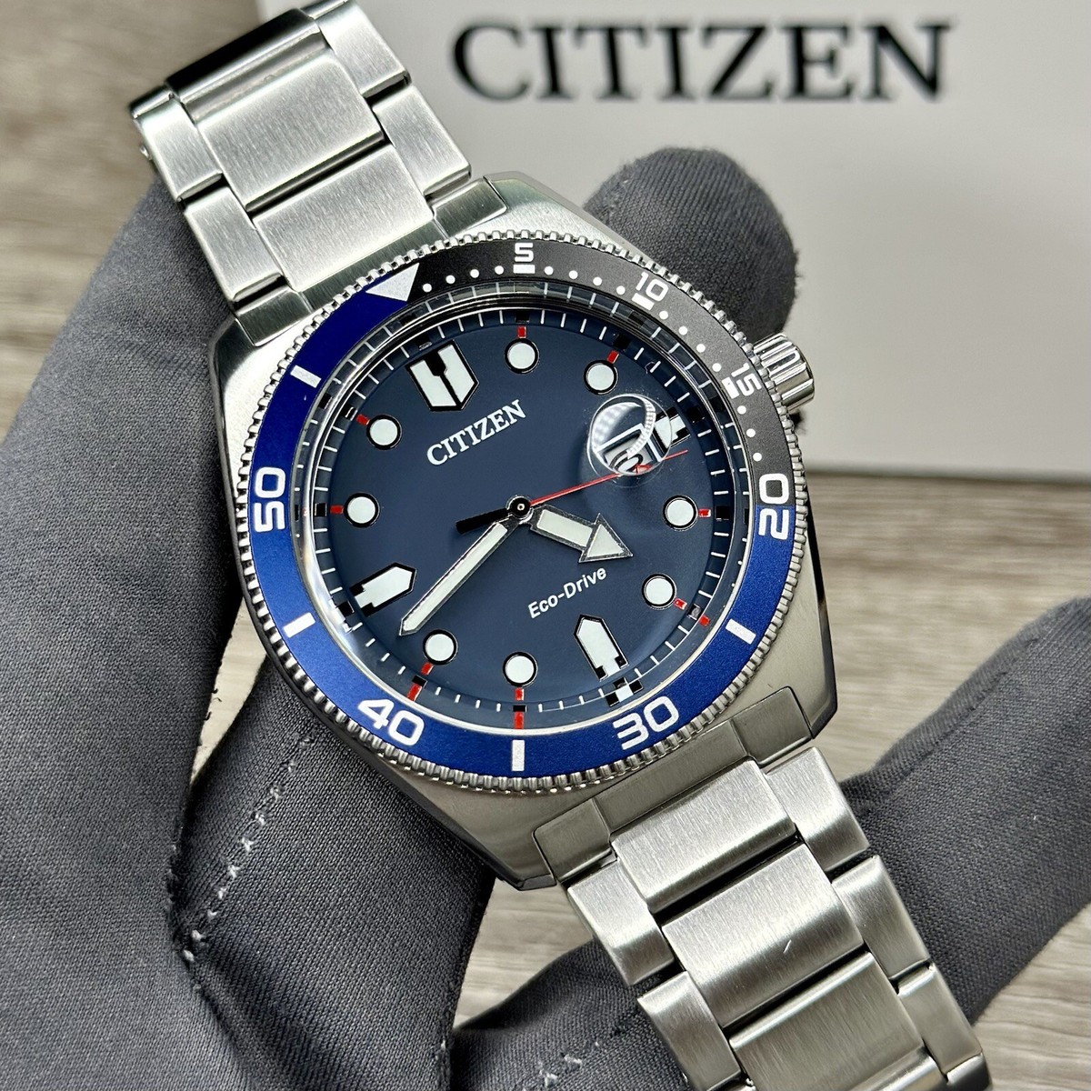 NEW✓ Citizen Eco-Drive Sports Blue Magnifier Date Dial Men's