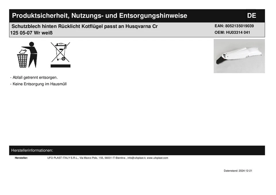 Garde-Boue Arrière Feu Arrière Compatible Avec Husqvarna Cr 125 05-07 Wr Blanc - Photo 2/2