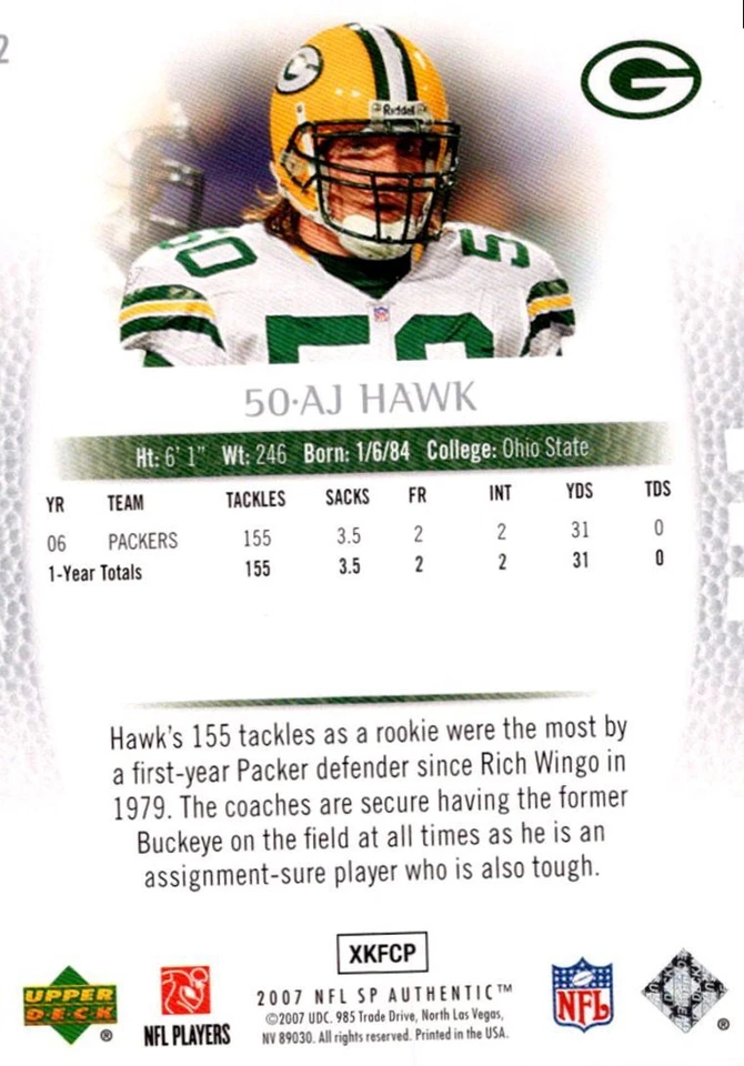 2007 SP Authentic A.J. Hawk Green Bay Packers #2 - Image 2 of 2