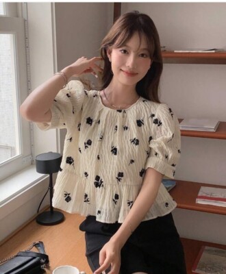Floral Print Puff Sleeve Peplum Blouse 