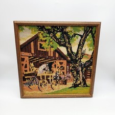 Framed Cross Stitch Stable Scene Barn Horses Country Farm Western Needlepoint