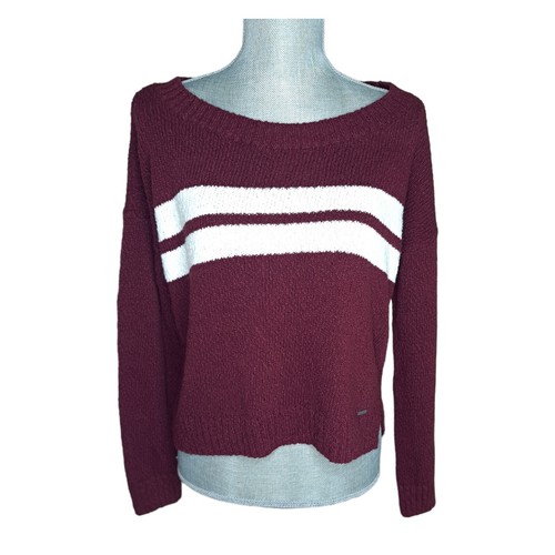 Holister Maroon Red White Striped Cropped Cotton Blend Open Knit Sweater Size M - Picture 2 of 12