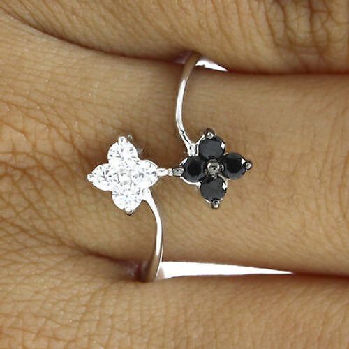 0.25 Ct Black & White Diamond 14K White Gold Plated Silver Flower Ring - Picture 4 of 6