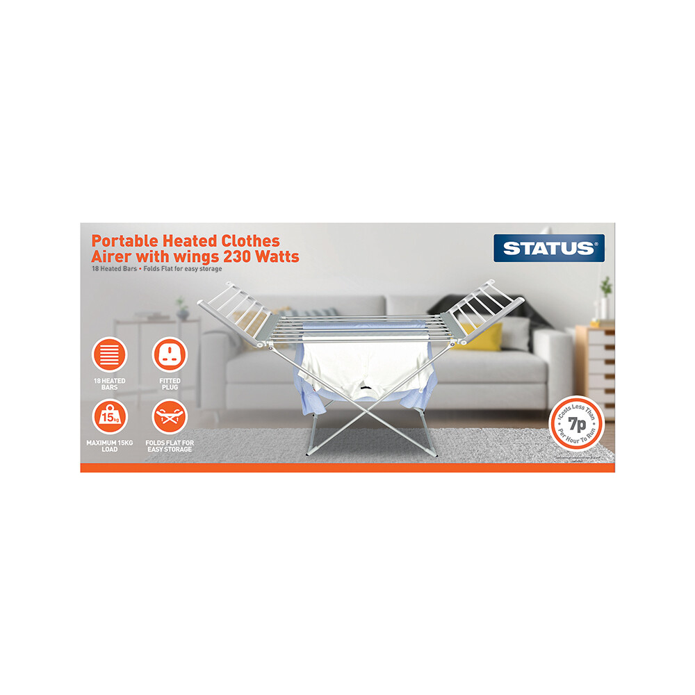 Heated Clothes Airer With Wings – 230w – Silver – 18 Heated Bars – Portable