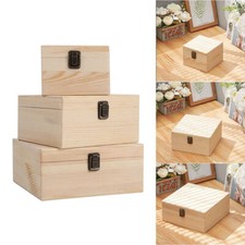 Natural Finish Wooden Storage Box DIY Crate With Hinged Lid And Locking Clasp