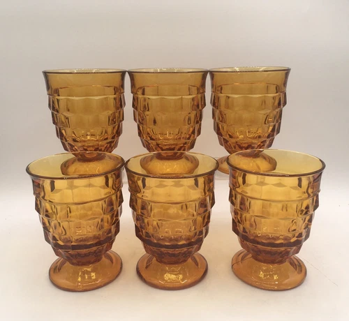 INDIANA Whitehall Cubist Dark Amber Harvest Gold  Tumblers Glasses Set of 6 EUC
