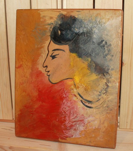 Vintage hand painted oil/wood box expressionist portrait