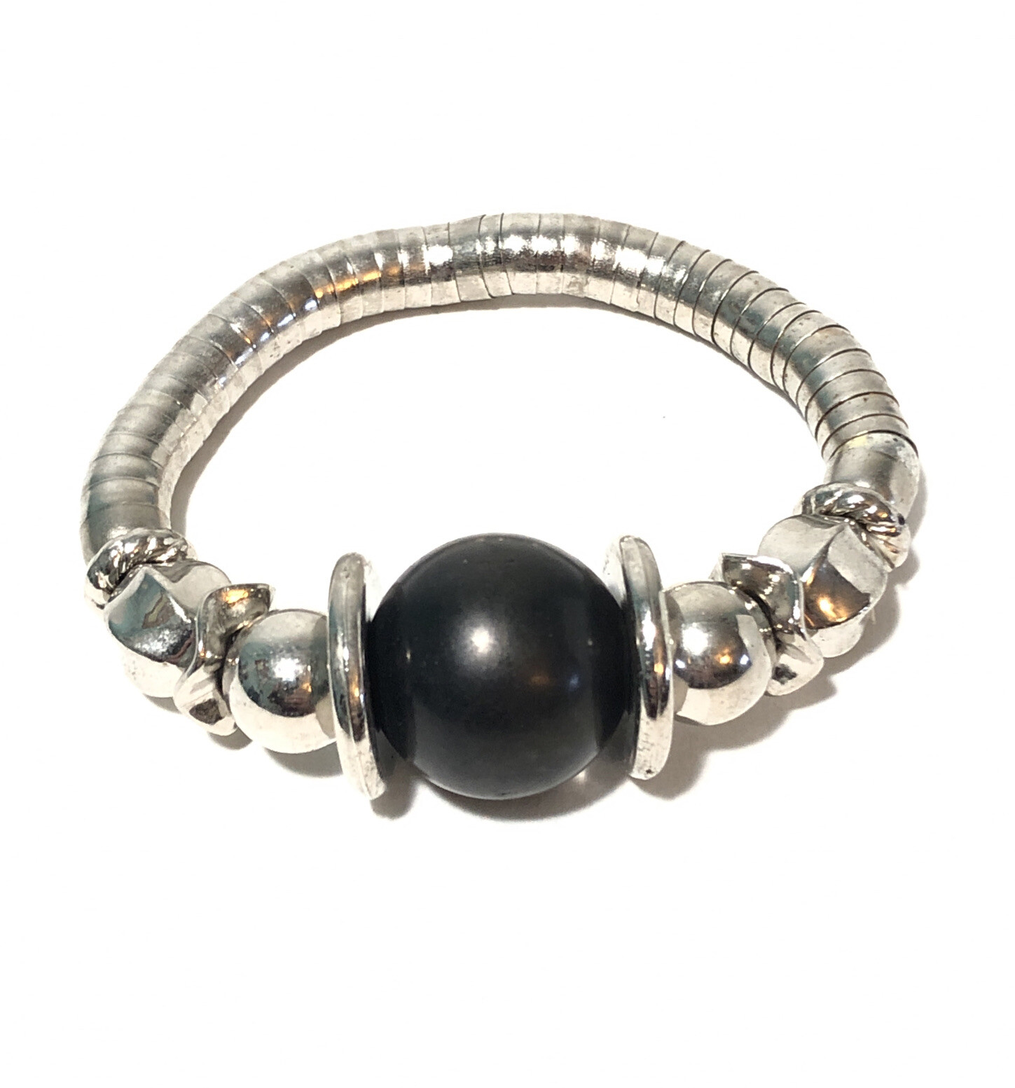 Women’s Silver Tone Metal Stretch Bracelet W/ Black Chunk Bead Charm. Fashion.