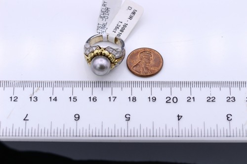 Vintage Tahitian Pearl Ring 18K Two Tone Gold Vintage Pearl Ring Natural Diamond - 第 6/13 張圖片