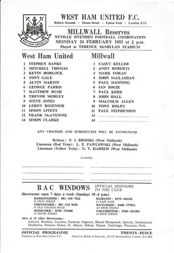 Football Programme WEST HAM UNITED RESERVES v MILLWALL RESERVES Feb 1992