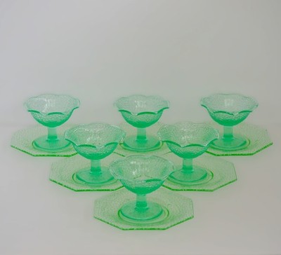 L E Smith Uranium Depression Glass Sherbert Pedestal Bowls and Plates Set of 6