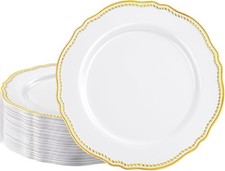 60pcs Gold Plastic Plates White  Gold Disposable Dinnerware W/ Gold Rim