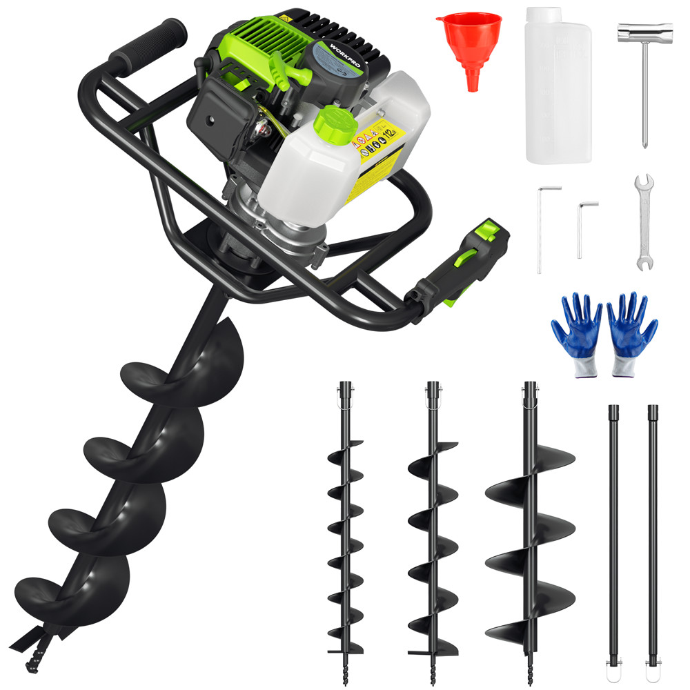 WORKPRO 62CC Post Hole Digger Gas Powered Earth Digger 4" 6" 8" Auger Drill Bits