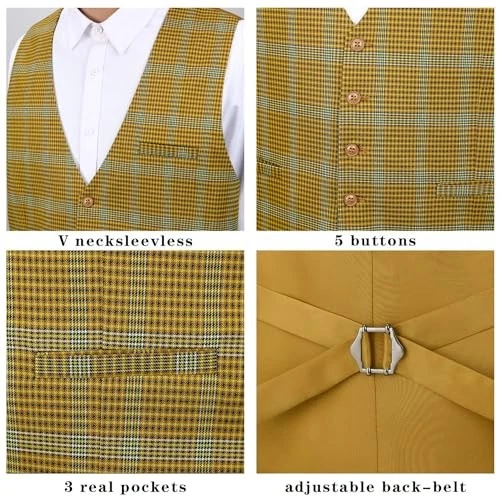  Men's Suit Vest Business Plaid Formal Dress Waistcoat Slim Fit Large A9-yellow - Image 3 of 4