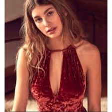 Out From Under Urban Outfitters Rust Crushed Velvet Halter Keyhole Bodysuit S