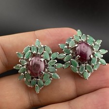 Star Ruby With Amazing Emerald Stones Spectacular Design Sterling S925 Earrings