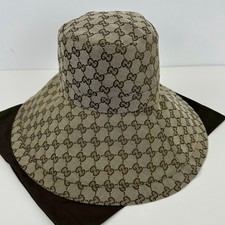 Ladies Gucci Monogram Logo Canvas Jacquard Bucket Hat Wide Brim Cap Beige Sz S