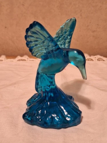Fenton Art Glass Blue Hummingbird Figurine Fenton Logo