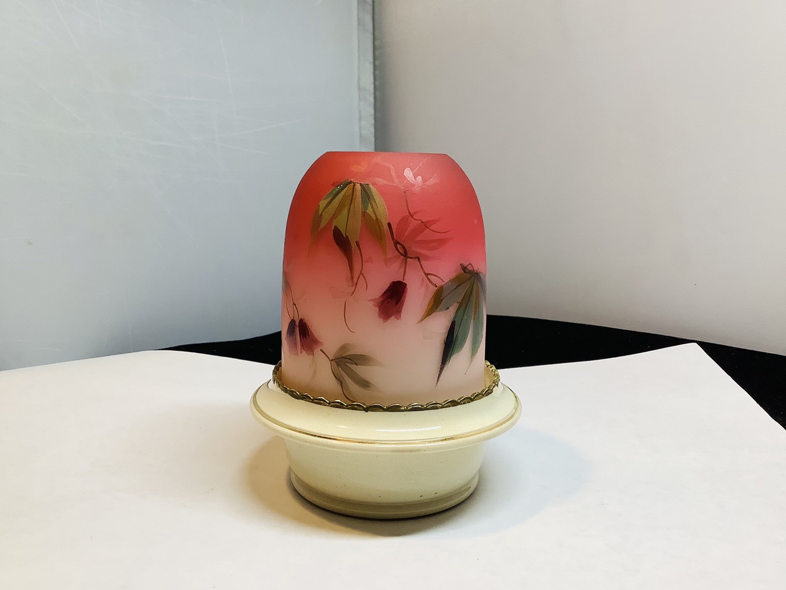 Thomas Webb Decorated 2 Piece Candle Lamp Fairy Light Peach Blow Woodbine As Is