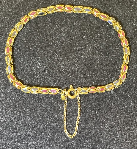18k yg RUBY SAPPHIRE MARQUIS LINK BRACELET VINTAGE YELLOW GOLD - Picture 3 of 9