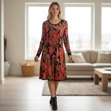 Soft Surroundings Floral Leaf Knit Sweater Dress Orange Brown Black Womens M