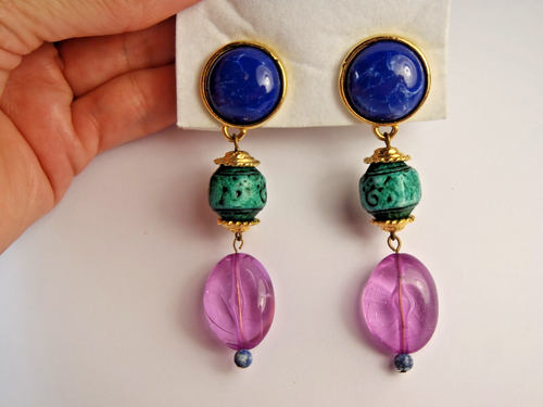 Pendientes colgantes vintage azul verde púrpura clip años 80 3" de largo - Imagen 2 de 15