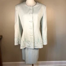 John Meyer Of Norwich Beaded & Embroidered 2-Piece Mint Green Skirt Suit Size 14