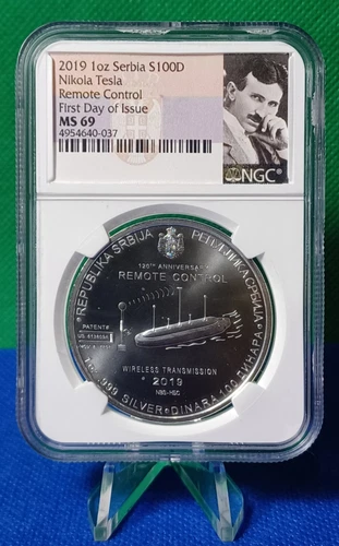2019 Serbia 100 Dinara, Nikola Tesla: Remote Control, NGC MS69 FDOI, 1oz Silver
