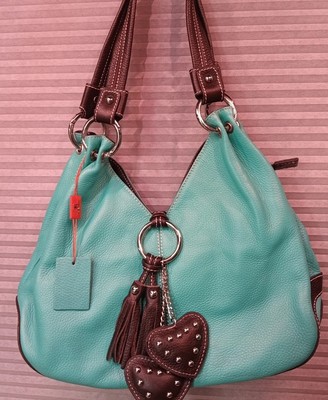 Vintage Vera Pelle 100% Italian Leather Shoulder Bag Turquoise & Brown Trim