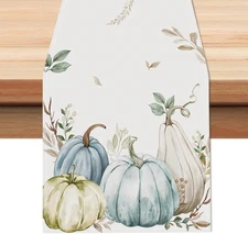 Bonhause Fall Pumpkins Eucalyptus Leaves Table Runner, Autumn Thanksgiving Table