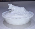 Vintage Kemple Milk Glass Cow On Nest 7”