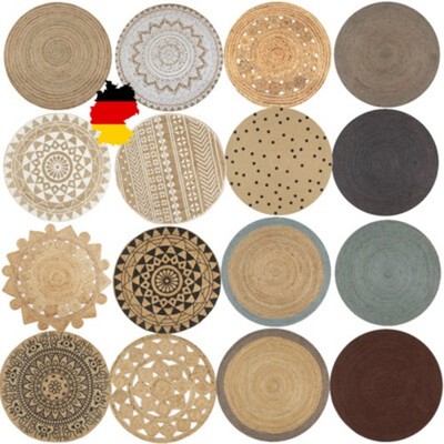 Runder Teppich Ethno Boho Bunt Multicolor Jute & Baumwolle Naturfaser Geflochten