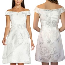 ADRIANNA PAPELL Silver & White Floral Jacquard Cocktail Dress - Size 8