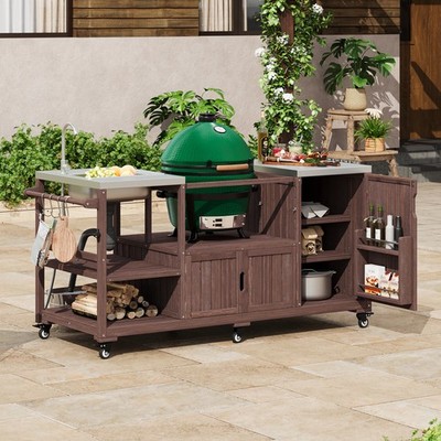 K&K 75.4'' Outdoor Kitchen Island with Sink, Solid Wood Outdoor Grill Cart for