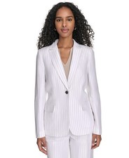 Calvin Klein Linen-Blend Pinstriped One-Button Blazer Women's 10 White
