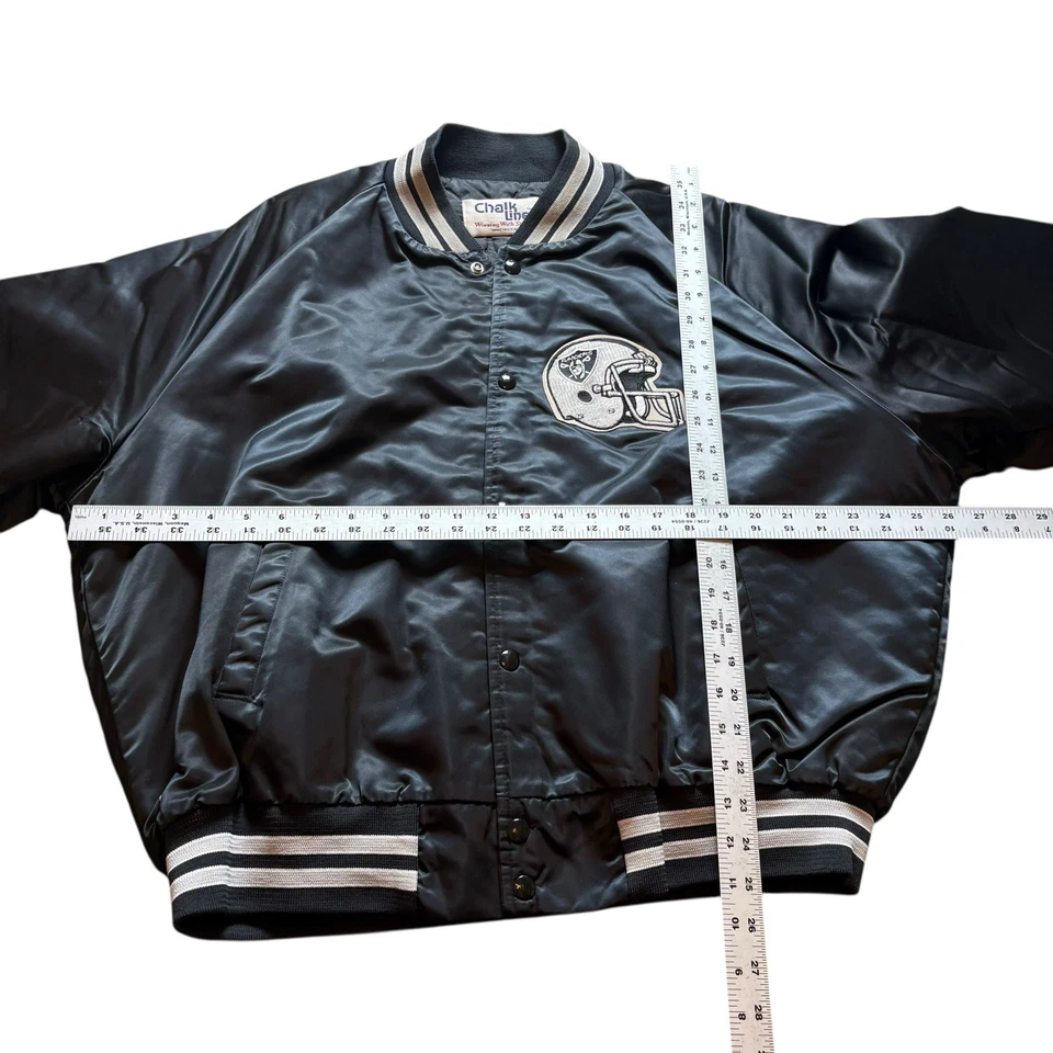 Vintage 1990s Oakland LA Raiders NFL Chalk Line Satin Bomber Jacket Men’s XXL - Image 2 of 4