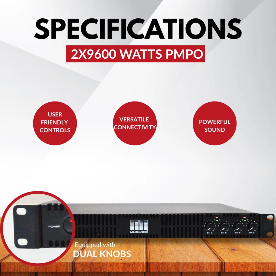 MUSYSIC Power Amp 4-Channel 2x9600 Watts D-Class 1U Power Amplifier MU-D9600 - Image 3 of 4