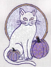 VINTAGE Halloween Ornament Needlepoint Canvas 18 mesh Hand painted White Cat