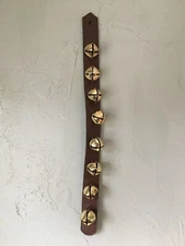 Vintage Sleigh Bells Door Hanger 8 Steel Faux Leather Strap 24” Long Nice Sound