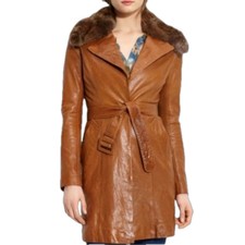 June Cognac Belted Leather Mid Length Penny Lane Jacket With Fur Collar Sz Small