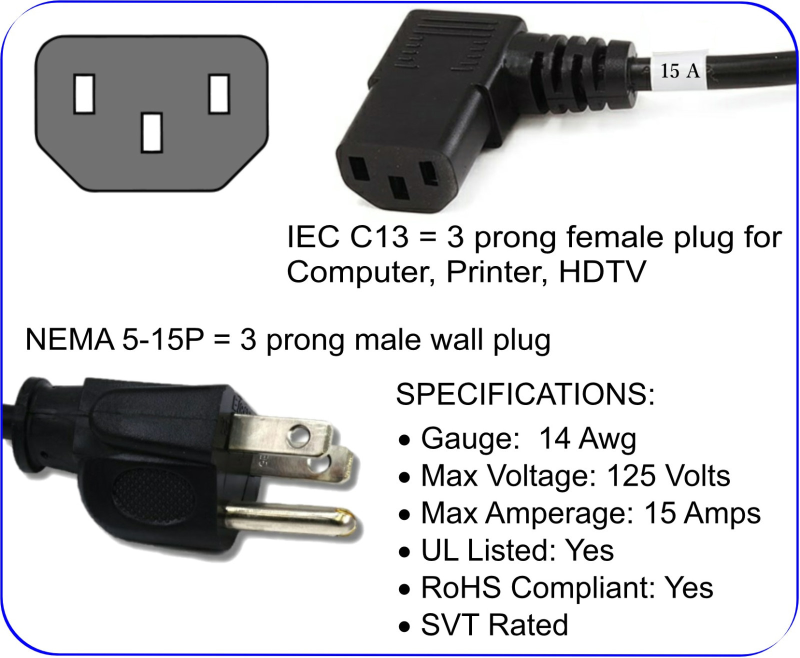 Pc14 Cable Heavy Duty Right Angle 14 Awg 15 Amp Power Cable C13 PC TV Connector 5 ...