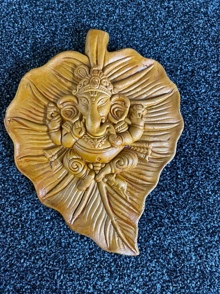 Hand Made Terracotta Clay Lord Ganesha on Leaf Decorative Wall Hanging - Image 1 of 1