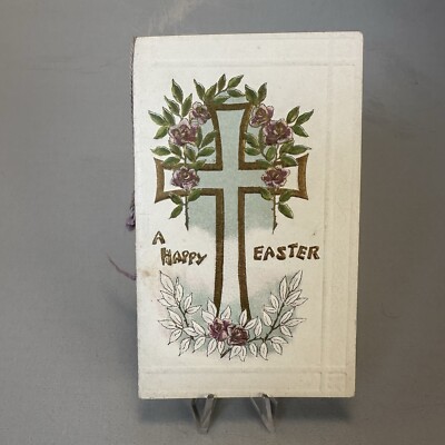 Vtg Antique Happy Easter Greeting Card Made In Germany - Cross Flowers