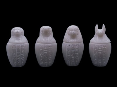 EINZIGARTIGE ANTIKE ÄGYPTISCHE STATUE Stein 4 Canopic Gläser Box Isis Anubis ...